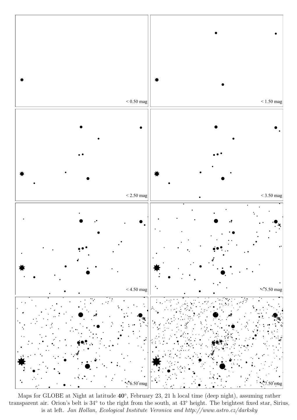 Maps for GLOBE at Night at Latitude 40 , February 23, 21 H Local Time