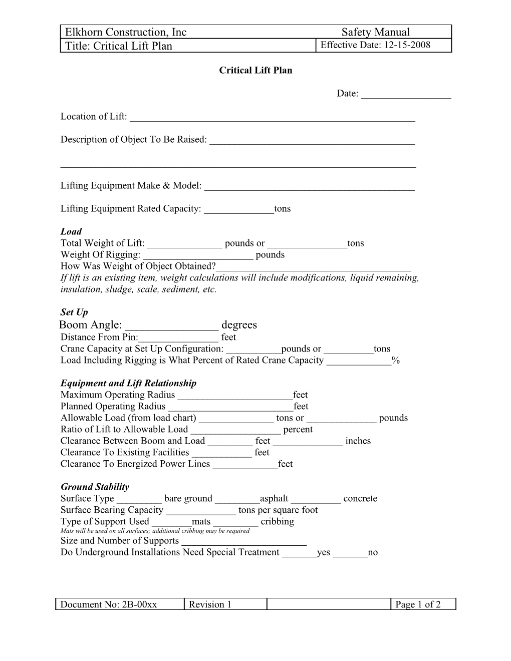 Critical Lift Plan