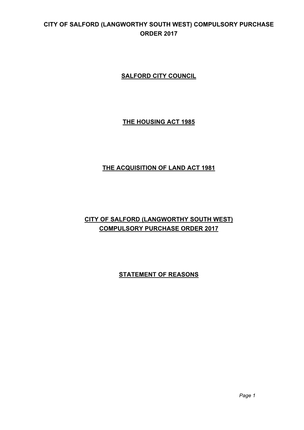 (Langworthy South West) Compulsory Purchase Order 2017