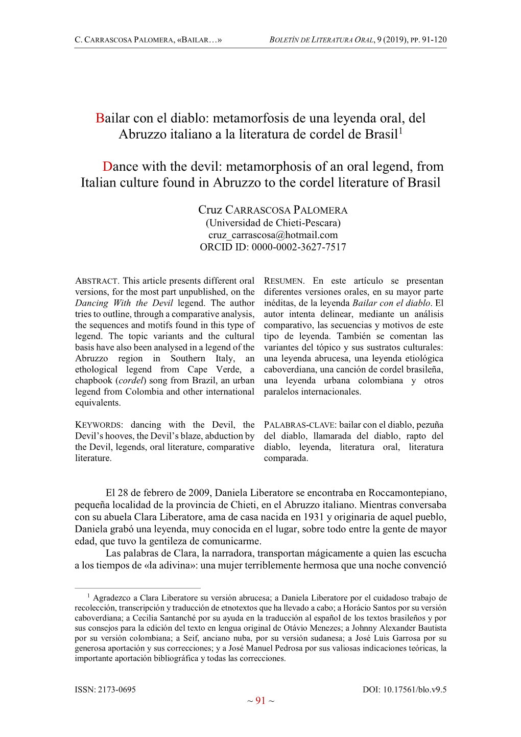 Bailar Con El Diablo: Metamorfosis De Una Leyenda Oral, Del Abruzzo Italiano a La Literatura De Cordel De Brasil1