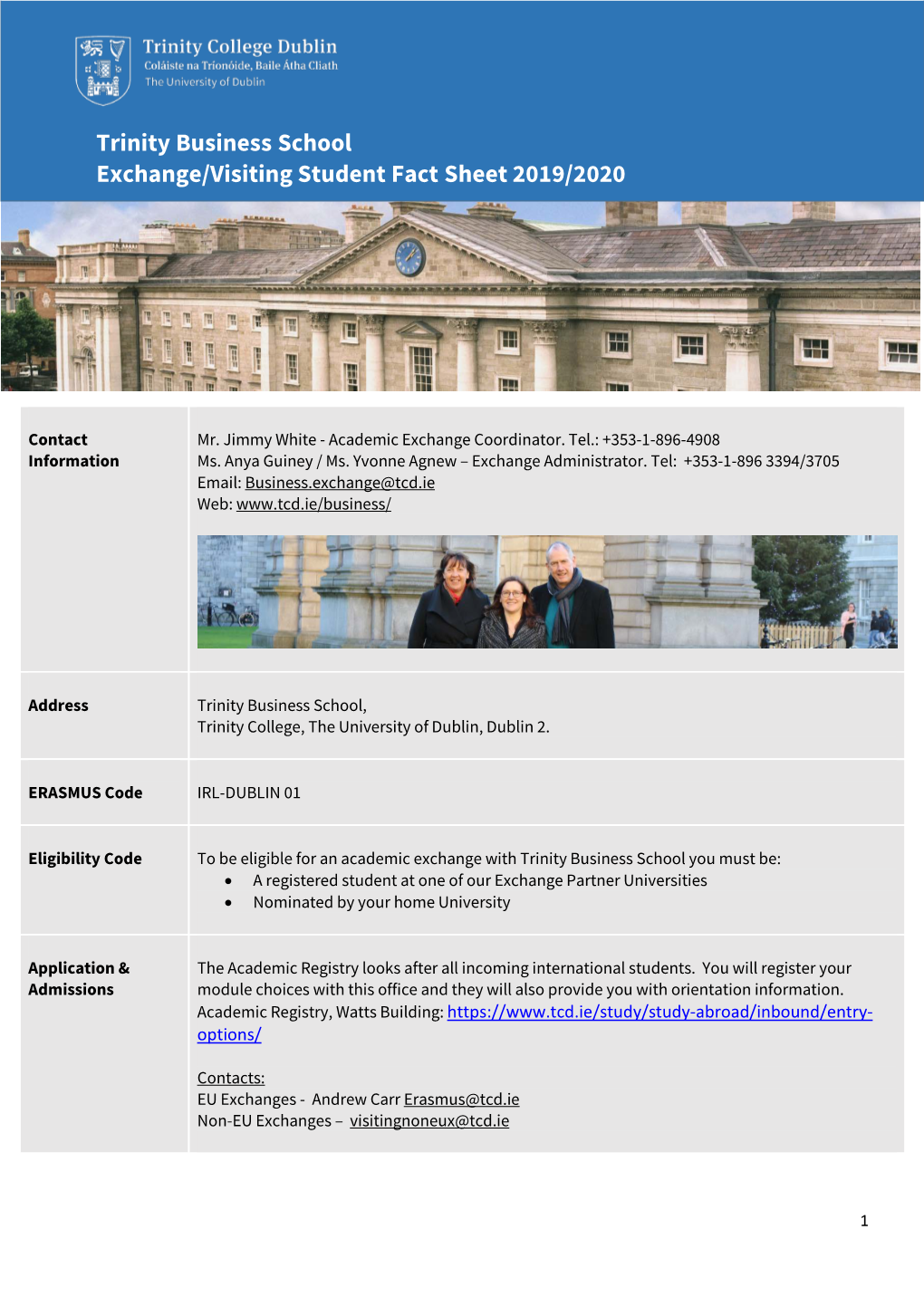 Trinity Business School Exchange/Visiting Student Fact Sheet 2019/2020