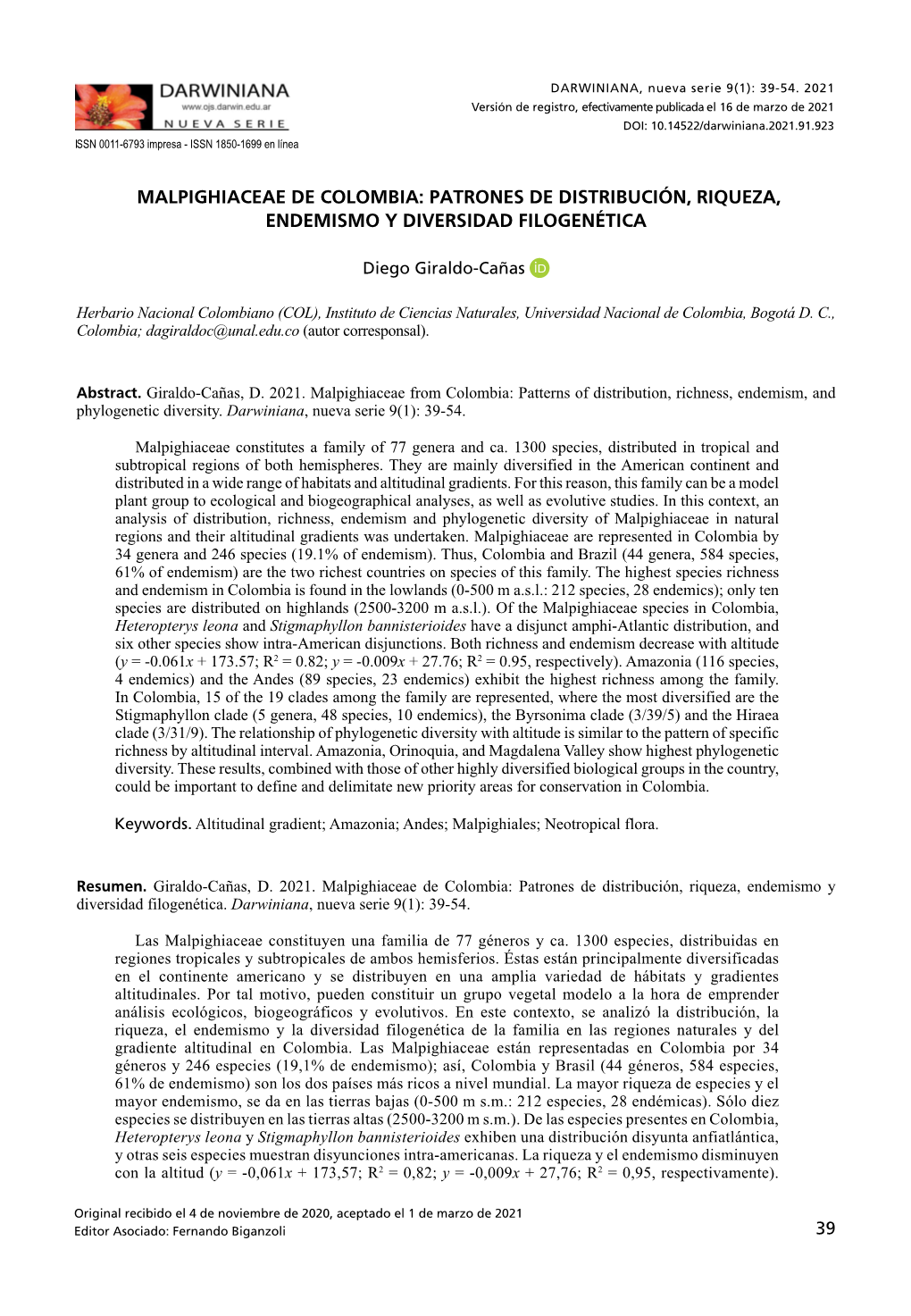 Malpighiaceae De Colombia: Patrones De Distribución, Riqueza, Endemismo Y Diversidad Filogenética