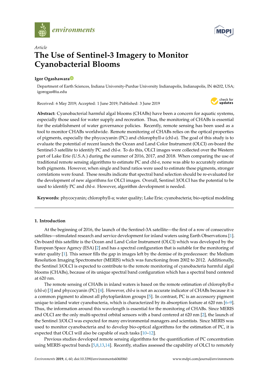 The Use of Sentinel-3 Imagery to Monitor Cyanobacterial Blooms