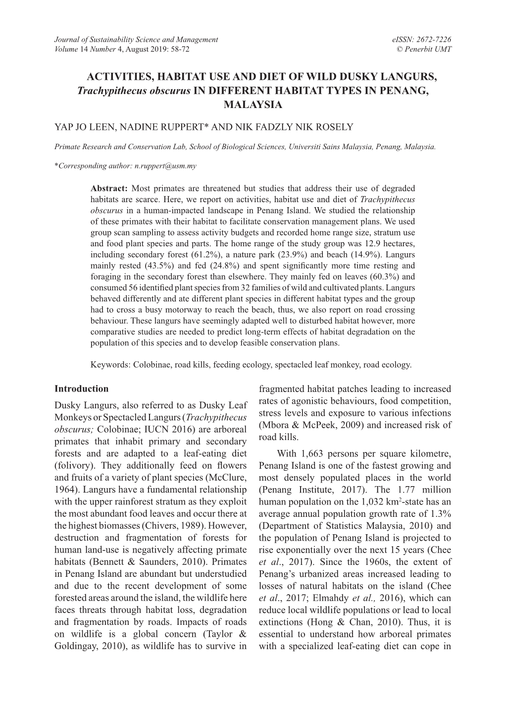 ACTIVITIES, HABITAT USE and DIET of WILD DUSKY LANGURS, Trachypithecus Obscurus in DIFFERENT HABITAT TYPES in PENANG, MALAYSIA