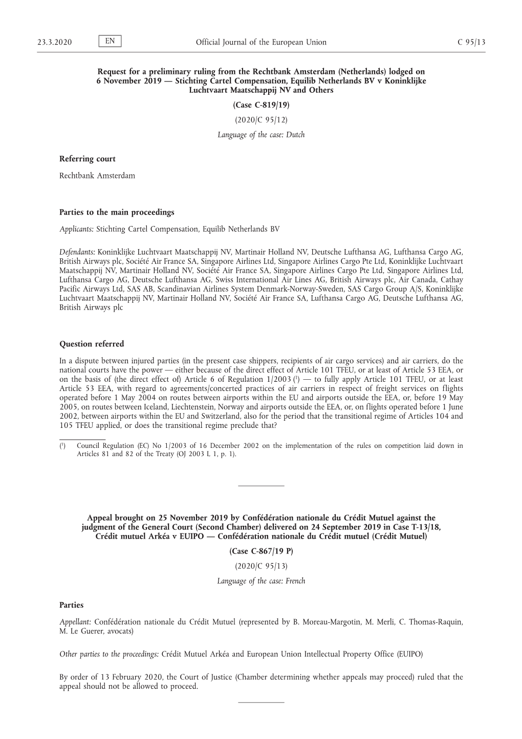 Appeal Brought on 25 November 2019 by Confédération