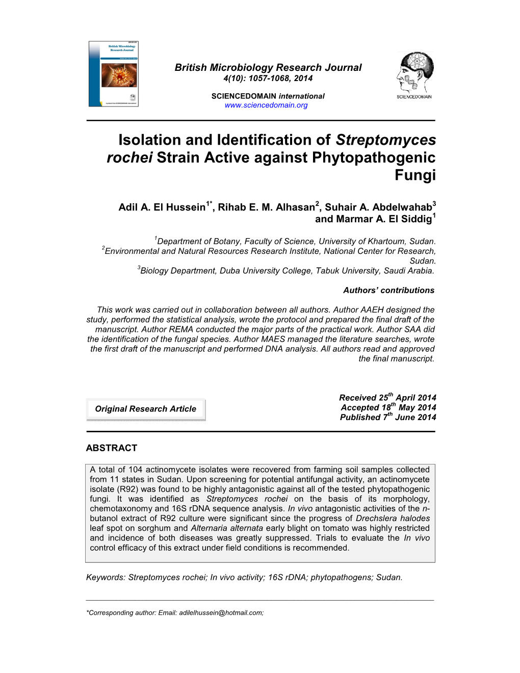 Isolation and Identification of Streptomyces Rochei Strain Active Against Phytopathogenic Fungi
