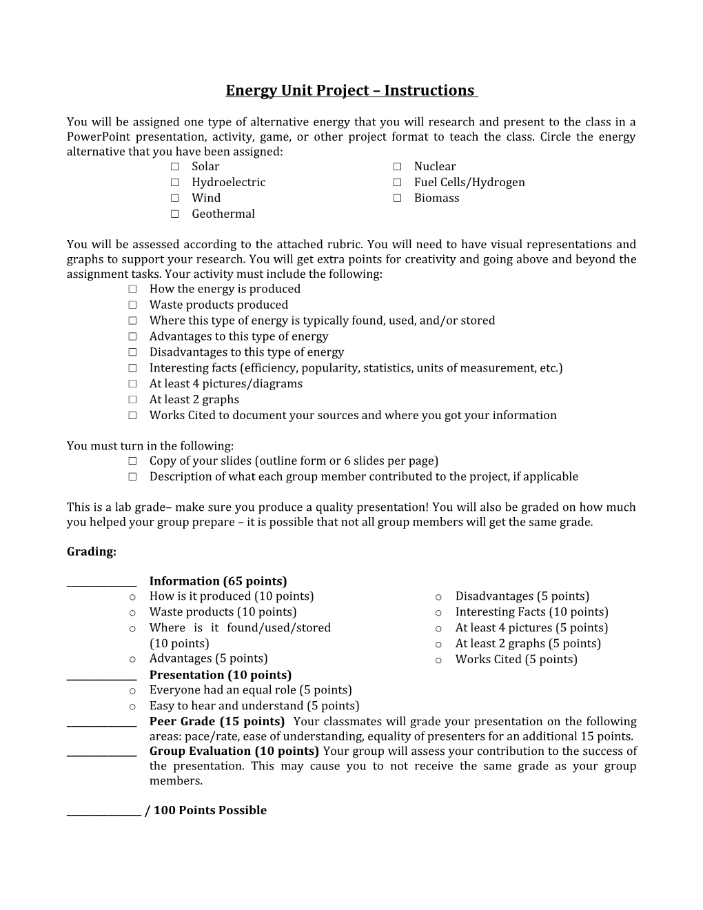 Energy Unit Project