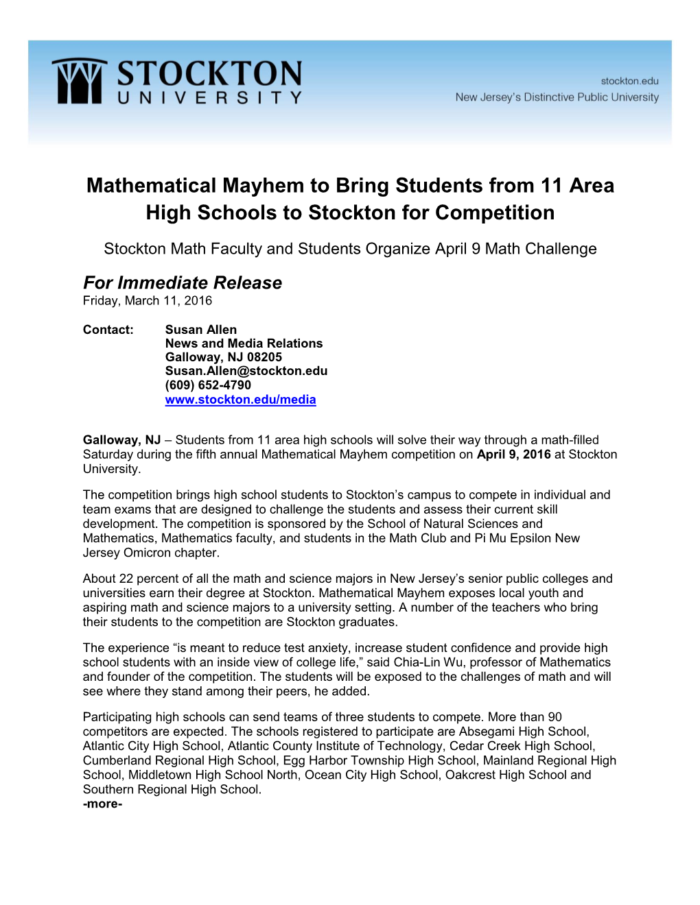 Mathematical Mayhem to Bring Students from 11 Area High Schools to Stockton for Competition