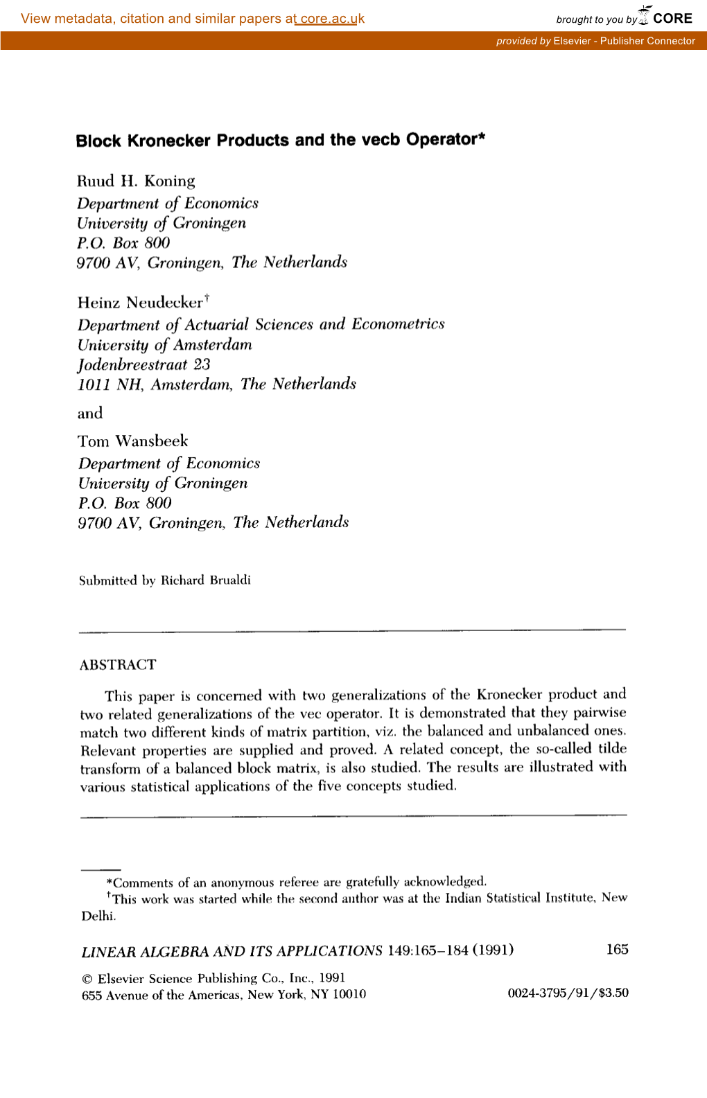 Block Kronecker Products and the Vecb Operator* CORE View