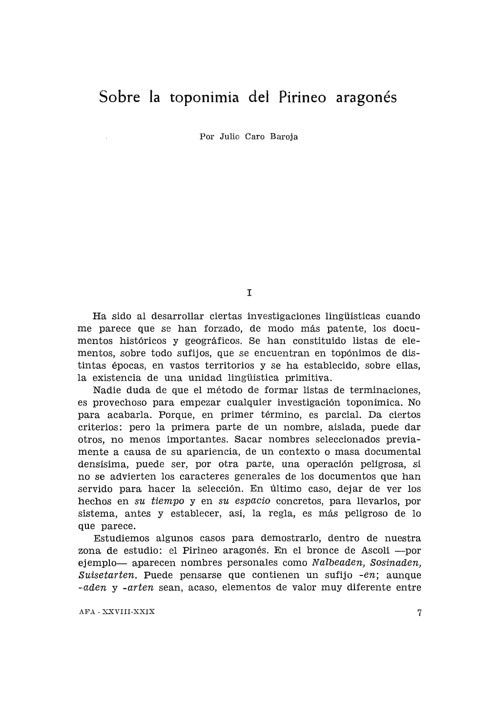 1. Sobre La Toponimia Del Pirineo Aragonés, Por Julio Caro Baroja