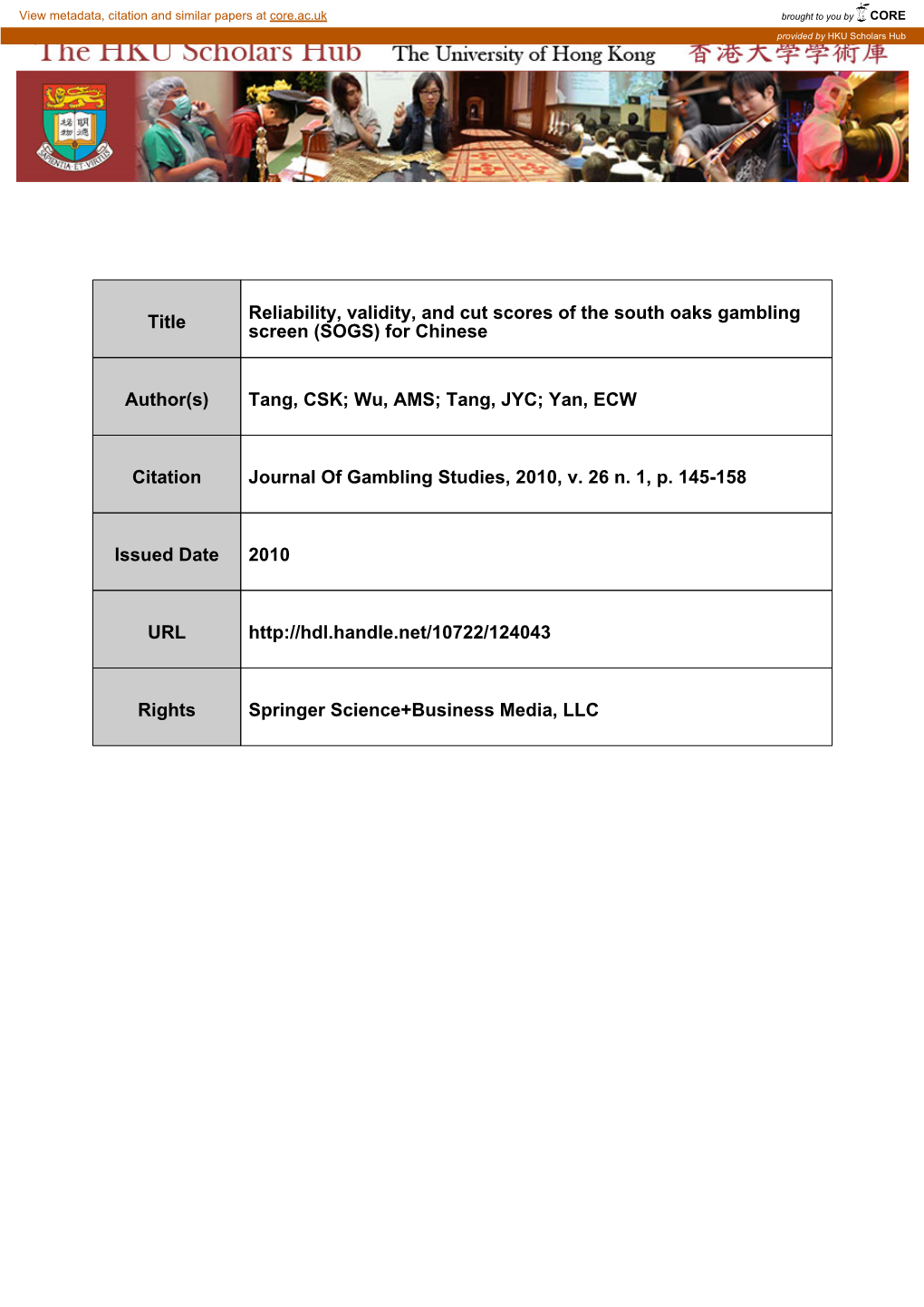 Title Reliability, Validity, and Cut Scores of the South Oaks Gambling Screen