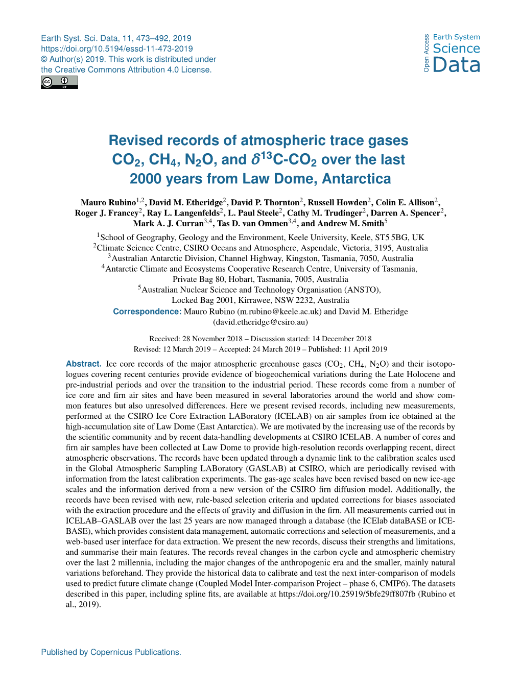 Revised Records of Atmospheric Trace Gases CO2, CH4, N2O, and Δ13c