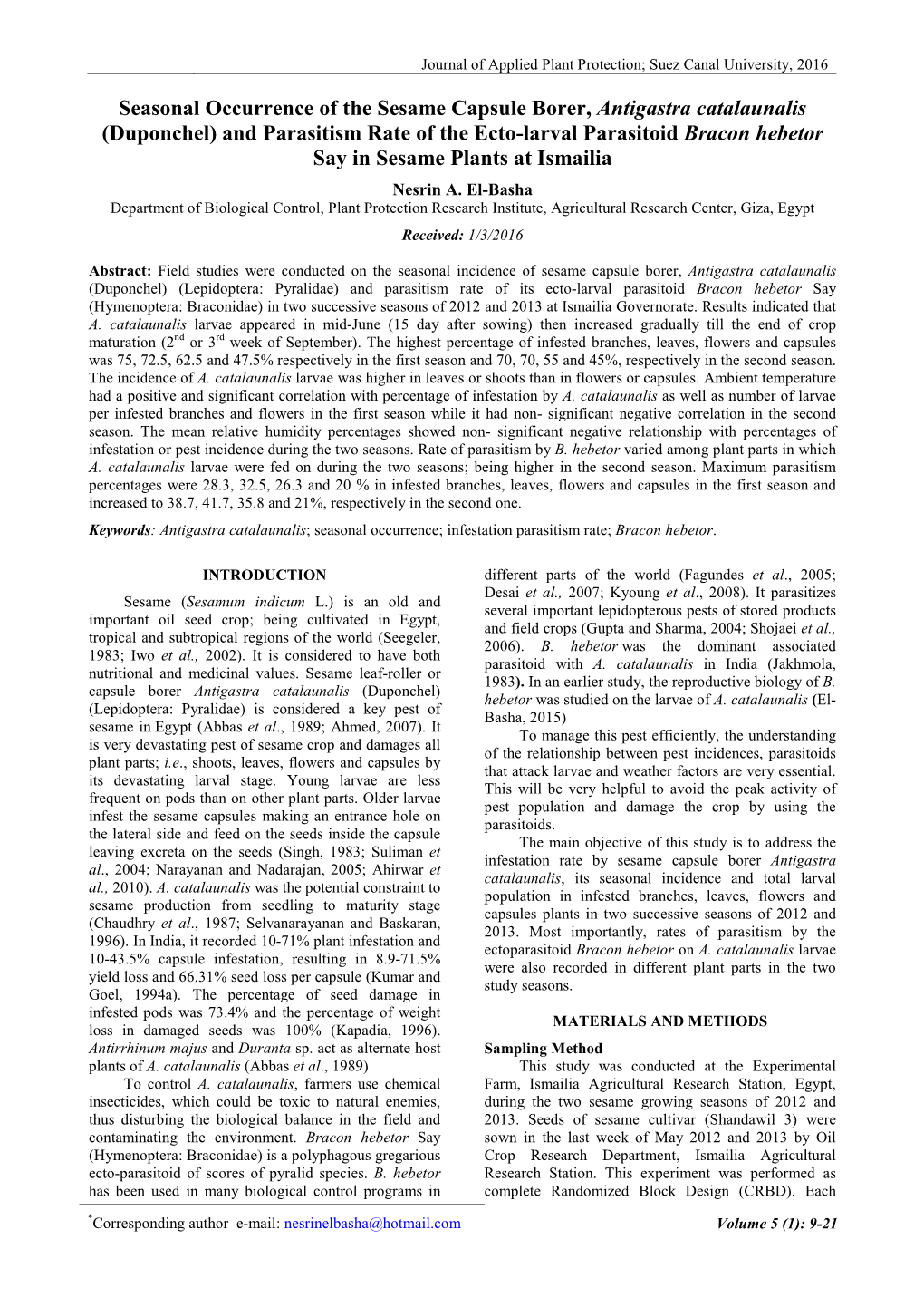 Seasonal Occurrence of the Sesame Capsule Borer, Antigastra