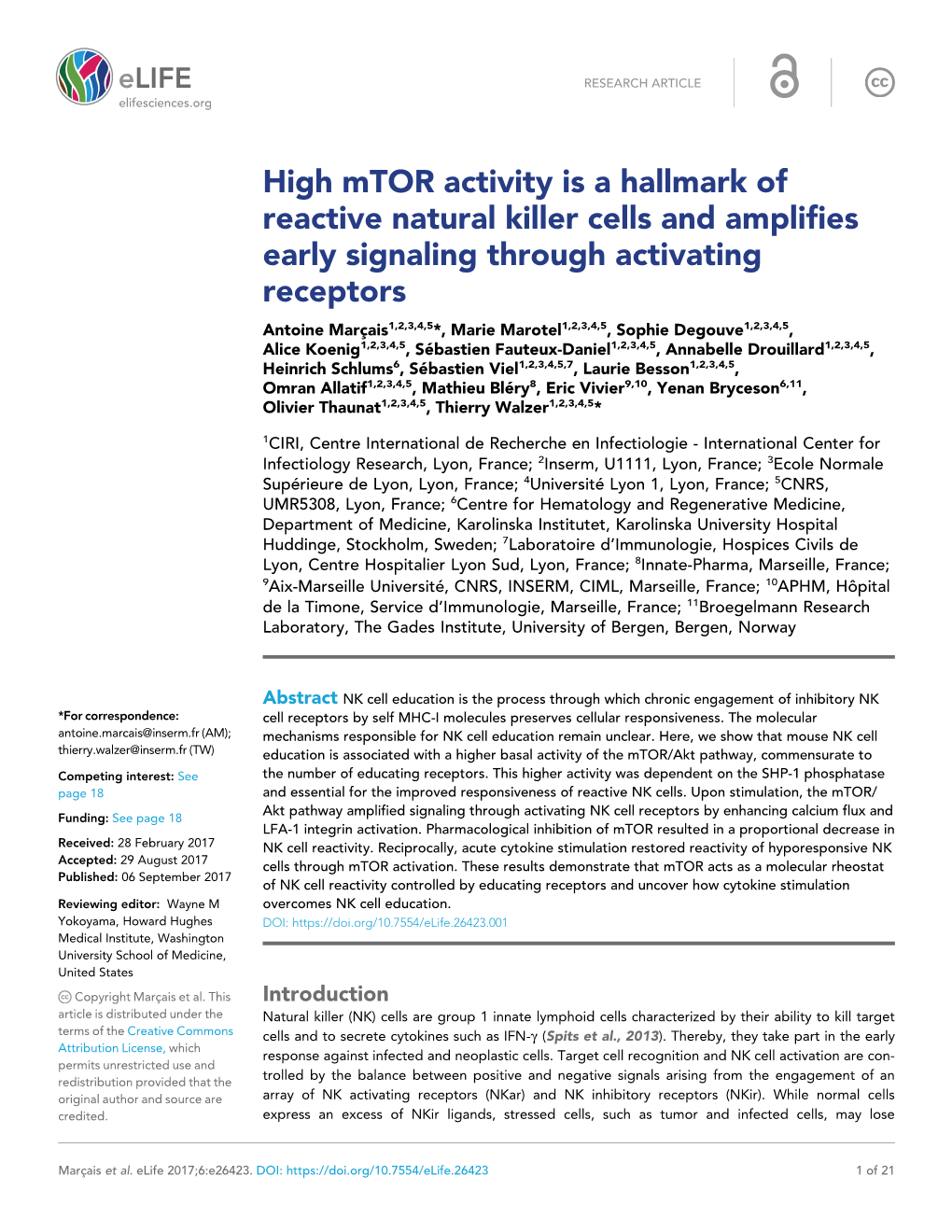 High Mtor Activity Is a Hallmark of Reactive Natural Killer Cells And