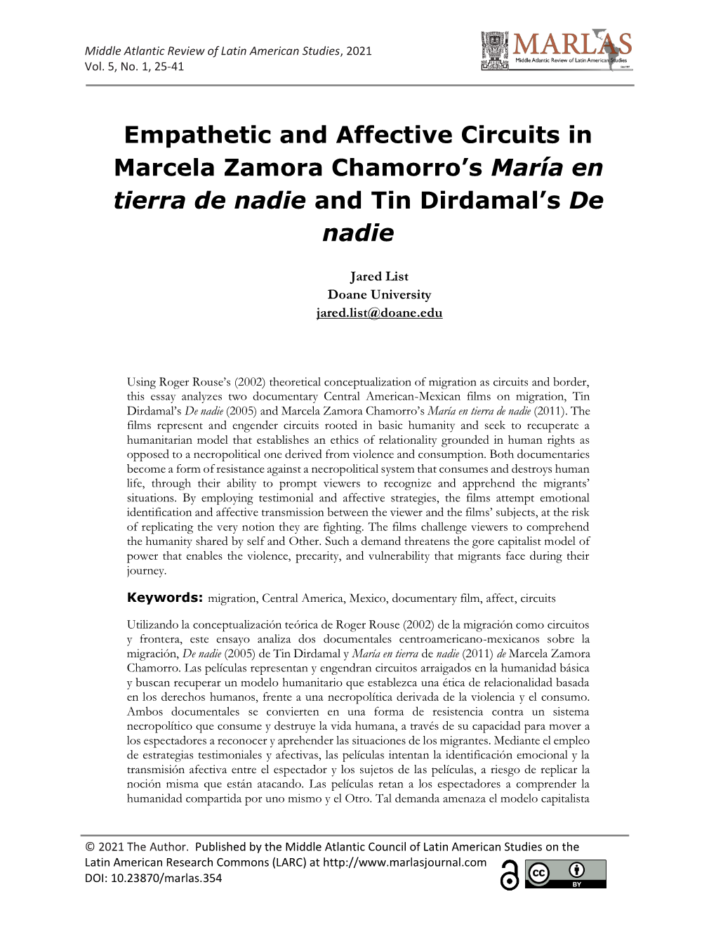 Empathetic and Affective Circuits in Marcela Zamora Chamorro's María