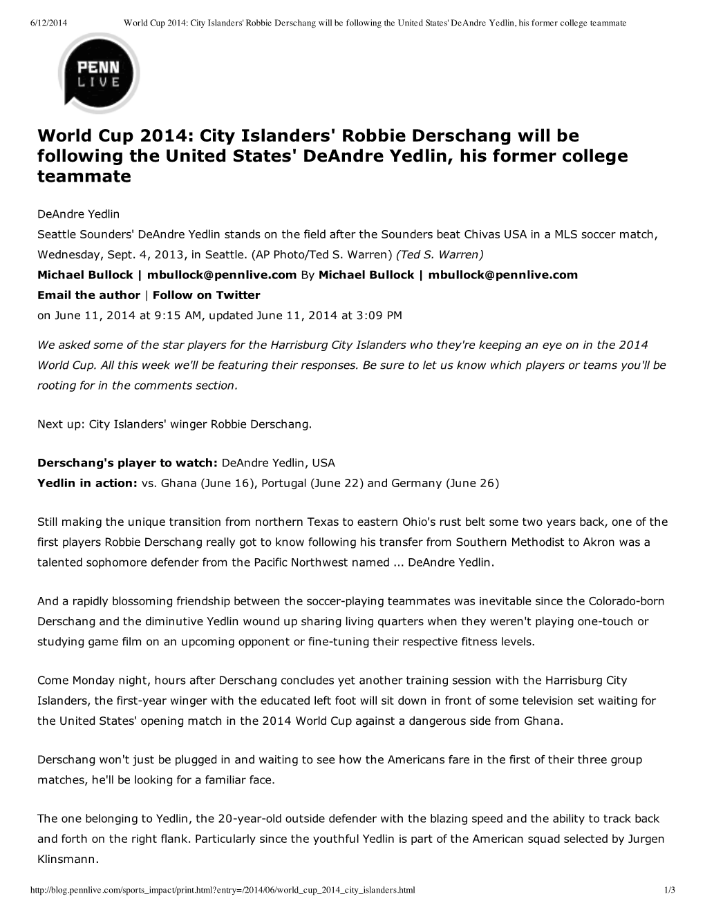 World Cup 2014: City Islanders' Robbie Derschang Will Be Following the United States' Deandre Yedlin, His Former College Teammate