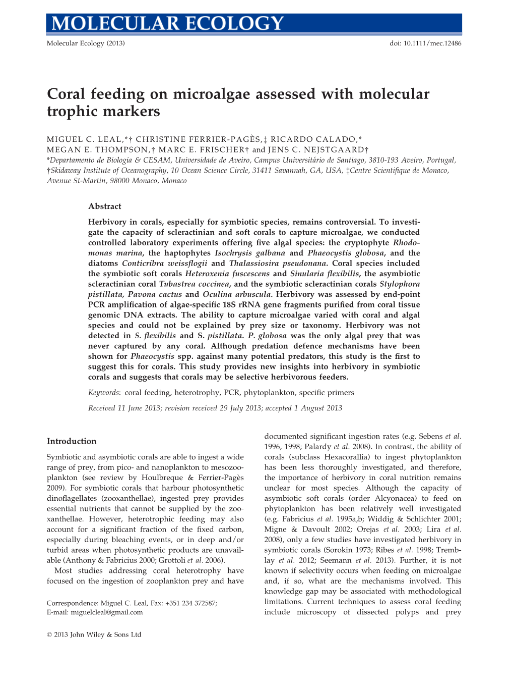 Coral Feeding on Microalgae Assessed with Molecular Trophic Markers