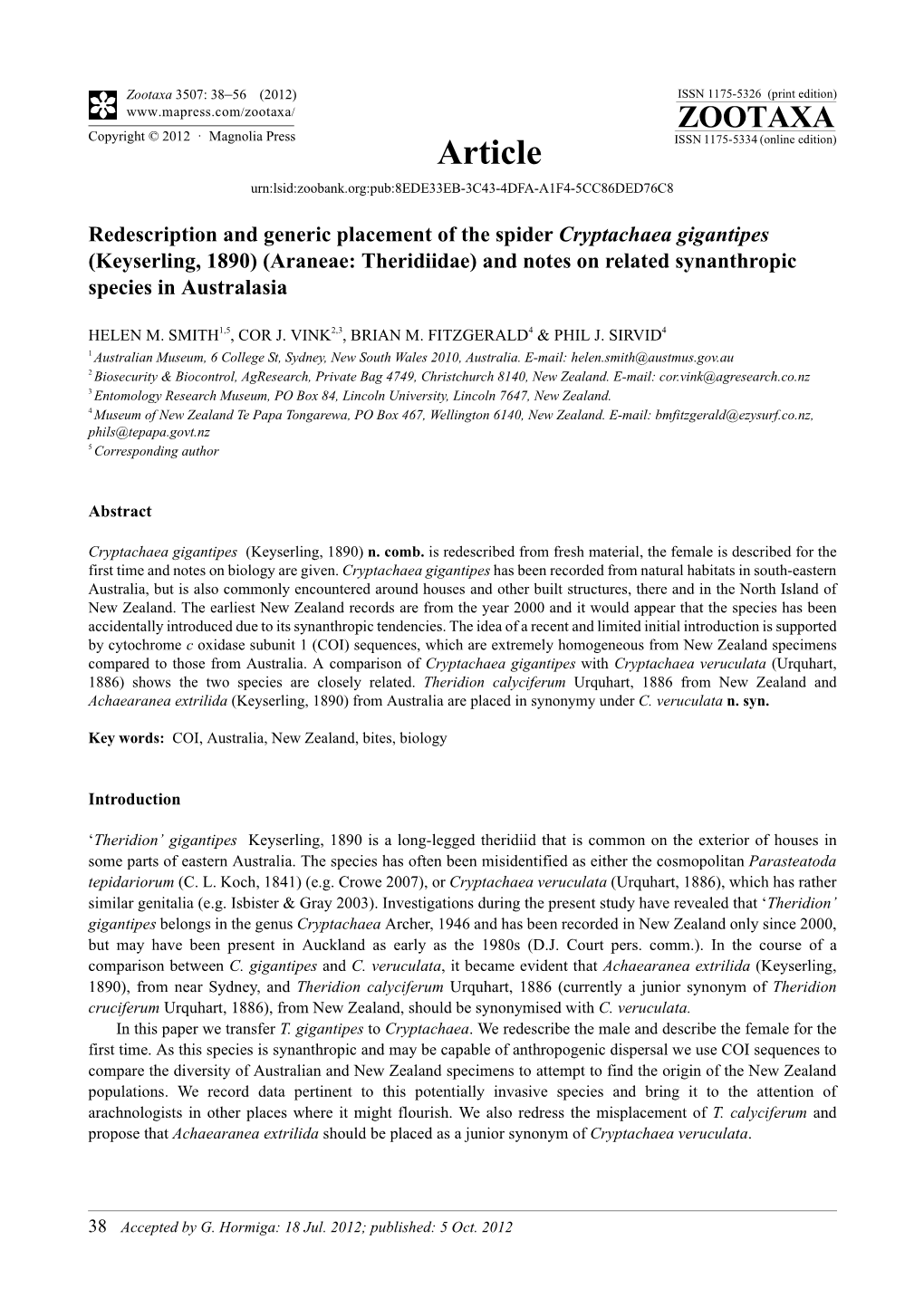 Redescription and Generic Placement of the Spider Cryptachaea