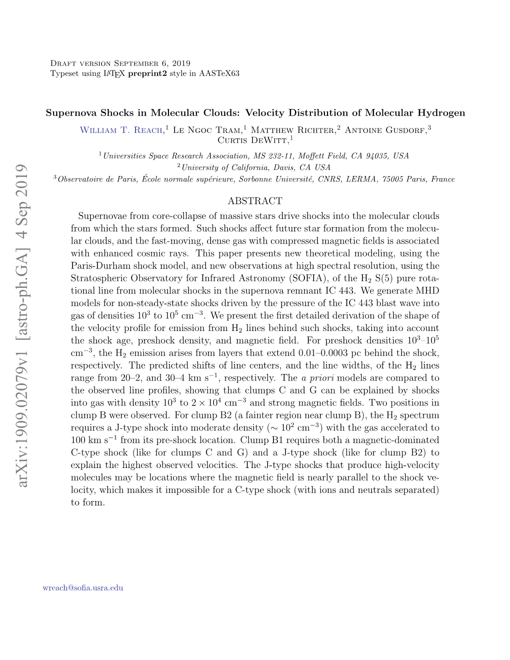 Supernova Shocks in Molecular Clouds: Velocity Distribution of Molecular Hydrogen William T