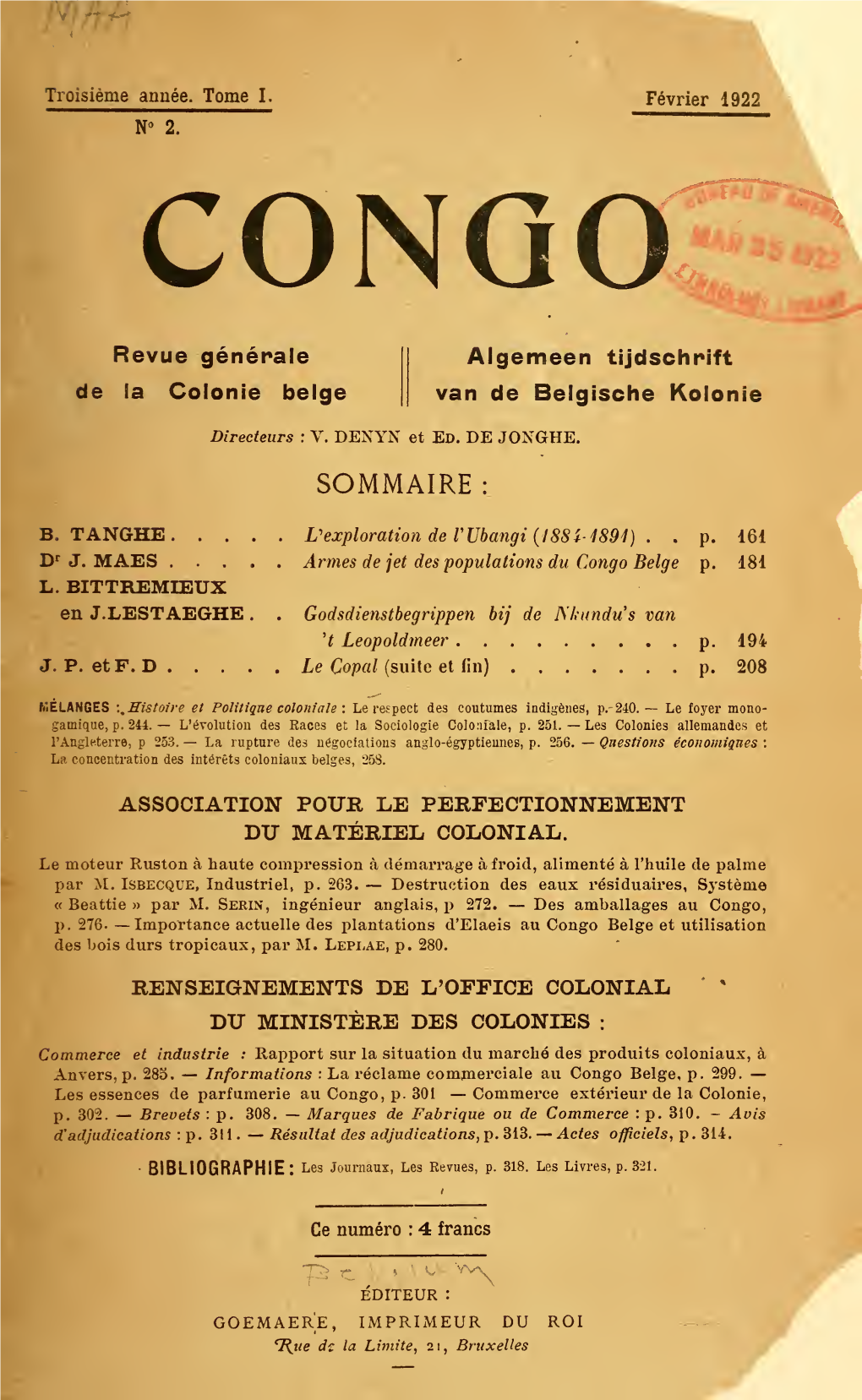 Congo : Revue Gnrale De La Colonie Belge = Congo : Algemeen