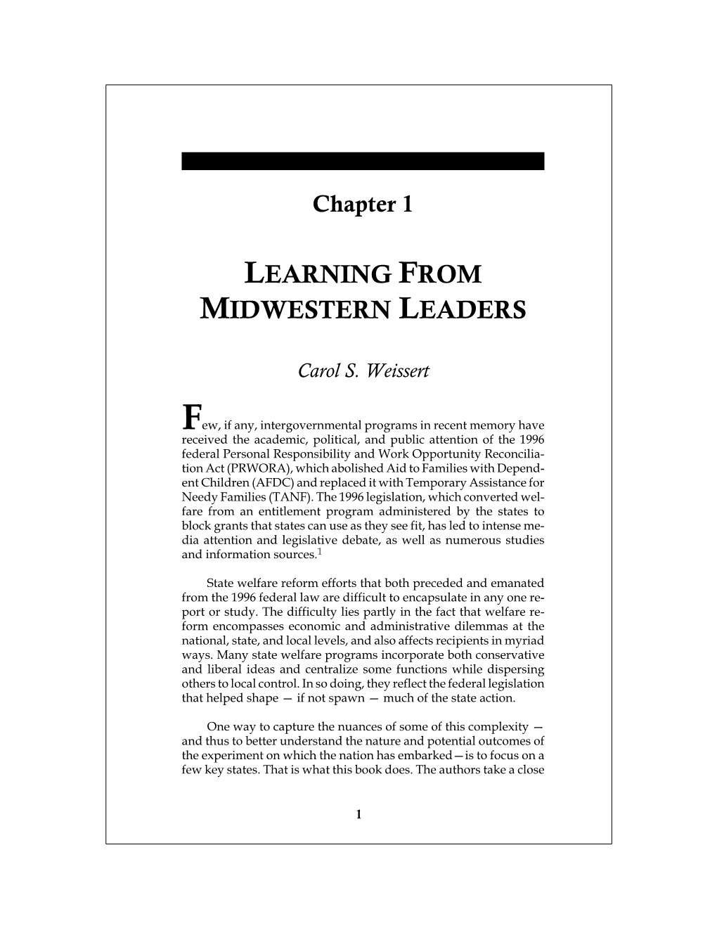 Learning from the Leaders Welfare Reform in the Midwestern States