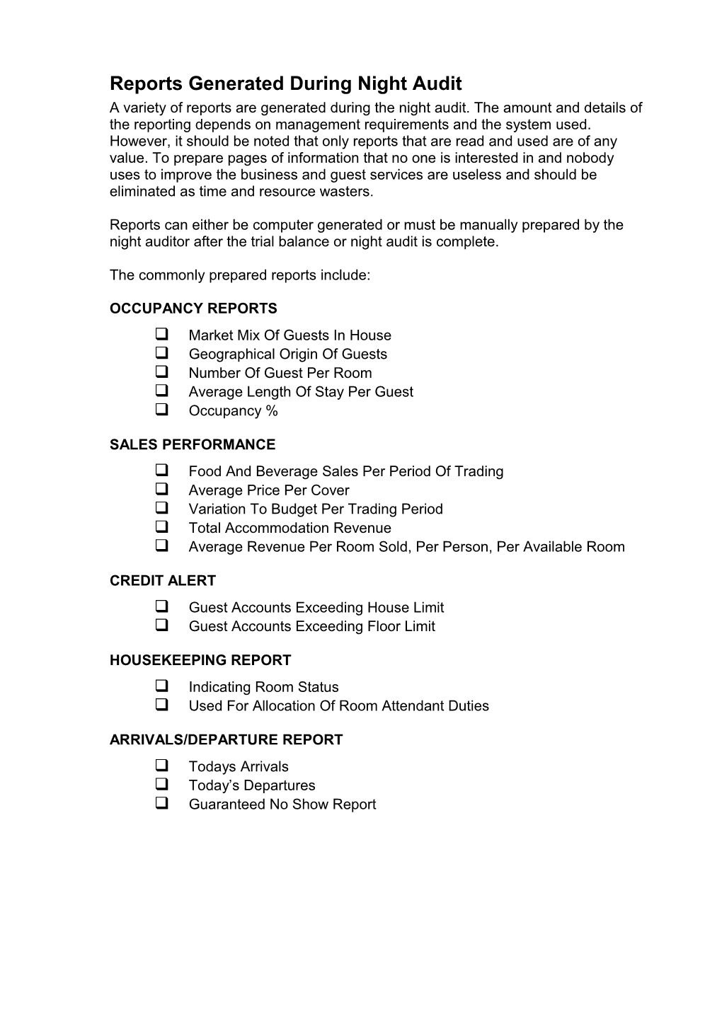 Reports Generated During Night Audit