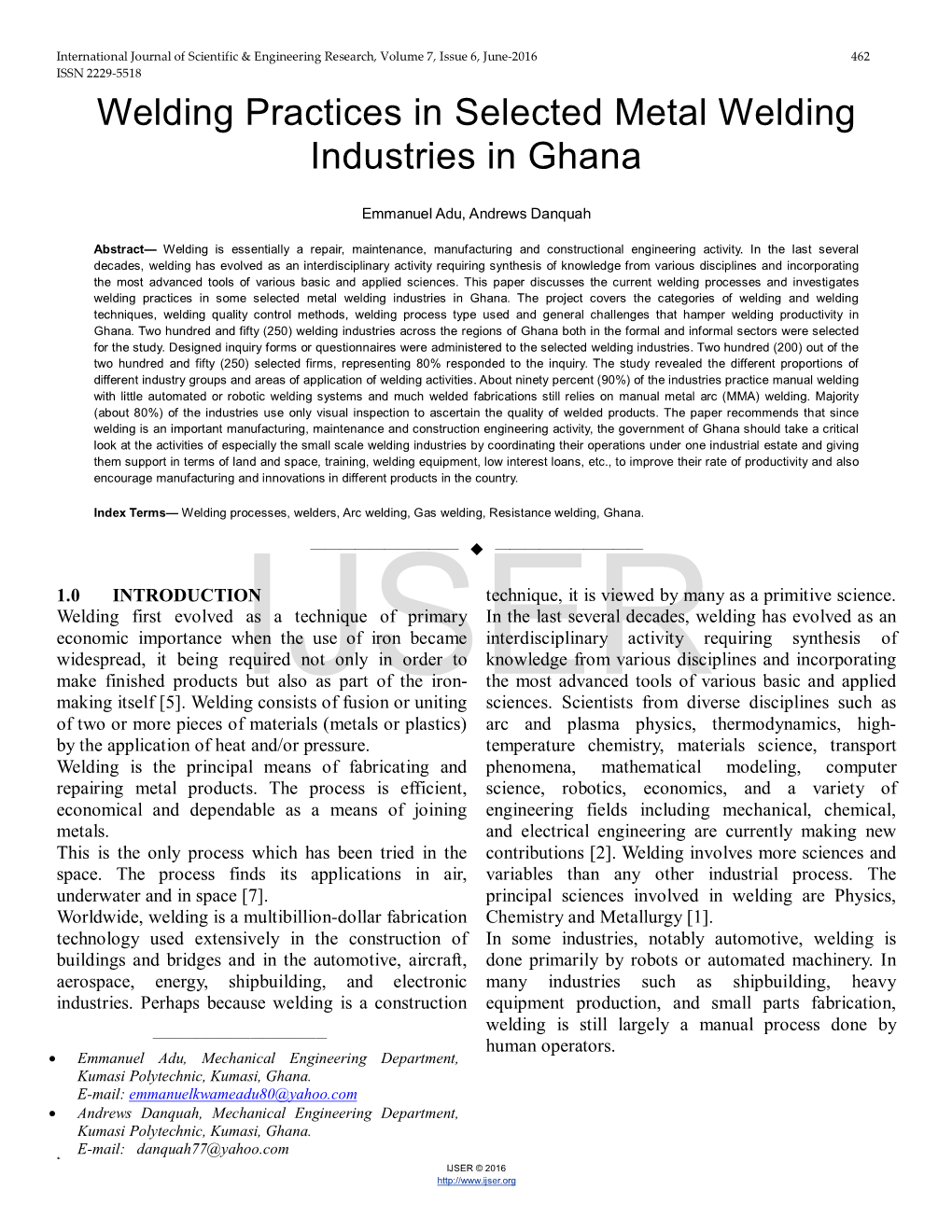 Welding Practices in Selected Metal Welding Industries in Ghana