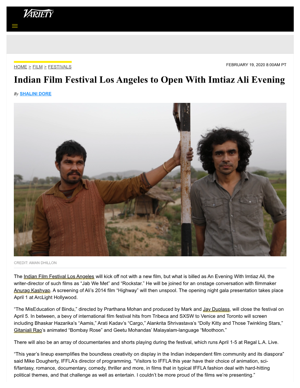 Indian Film Festival Los Angeles to Open with Imtiaz Ali Evening