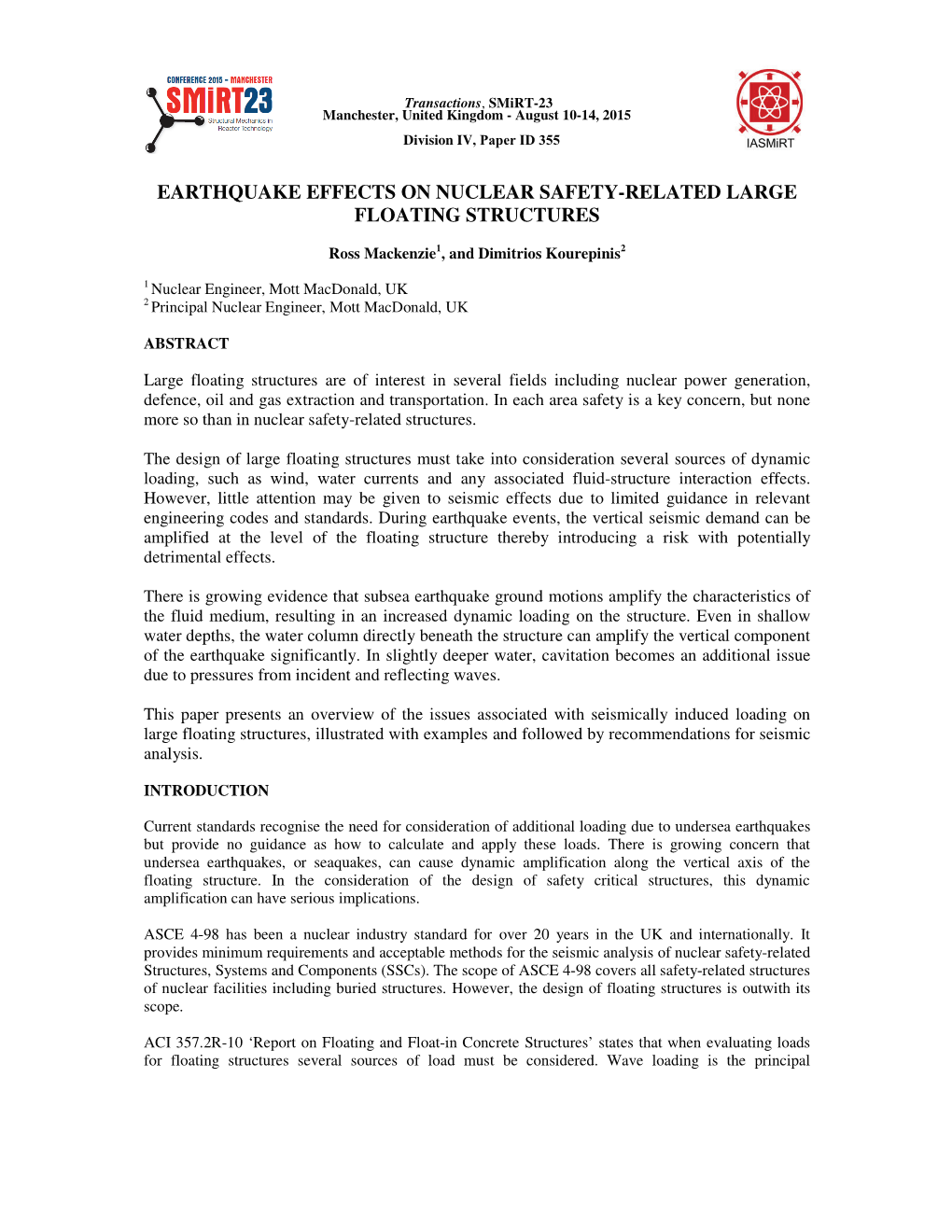 Earthquake Effects on Nuclear Safety-Related Large Floating Structures