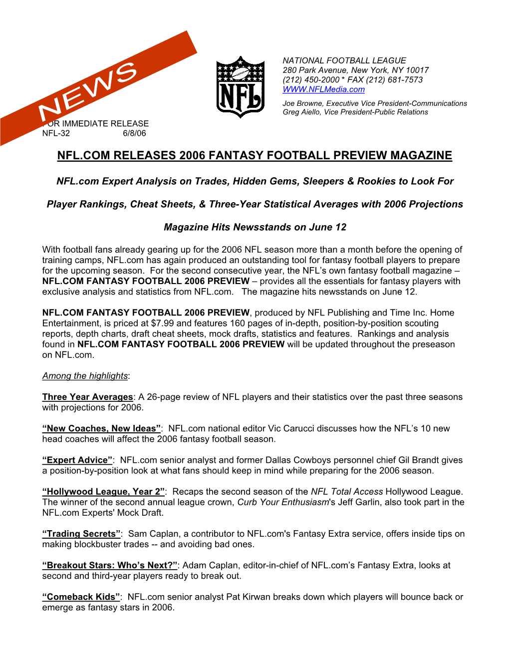 Nfl.Com Releases 2006 Fantasy Football Preview Magazine