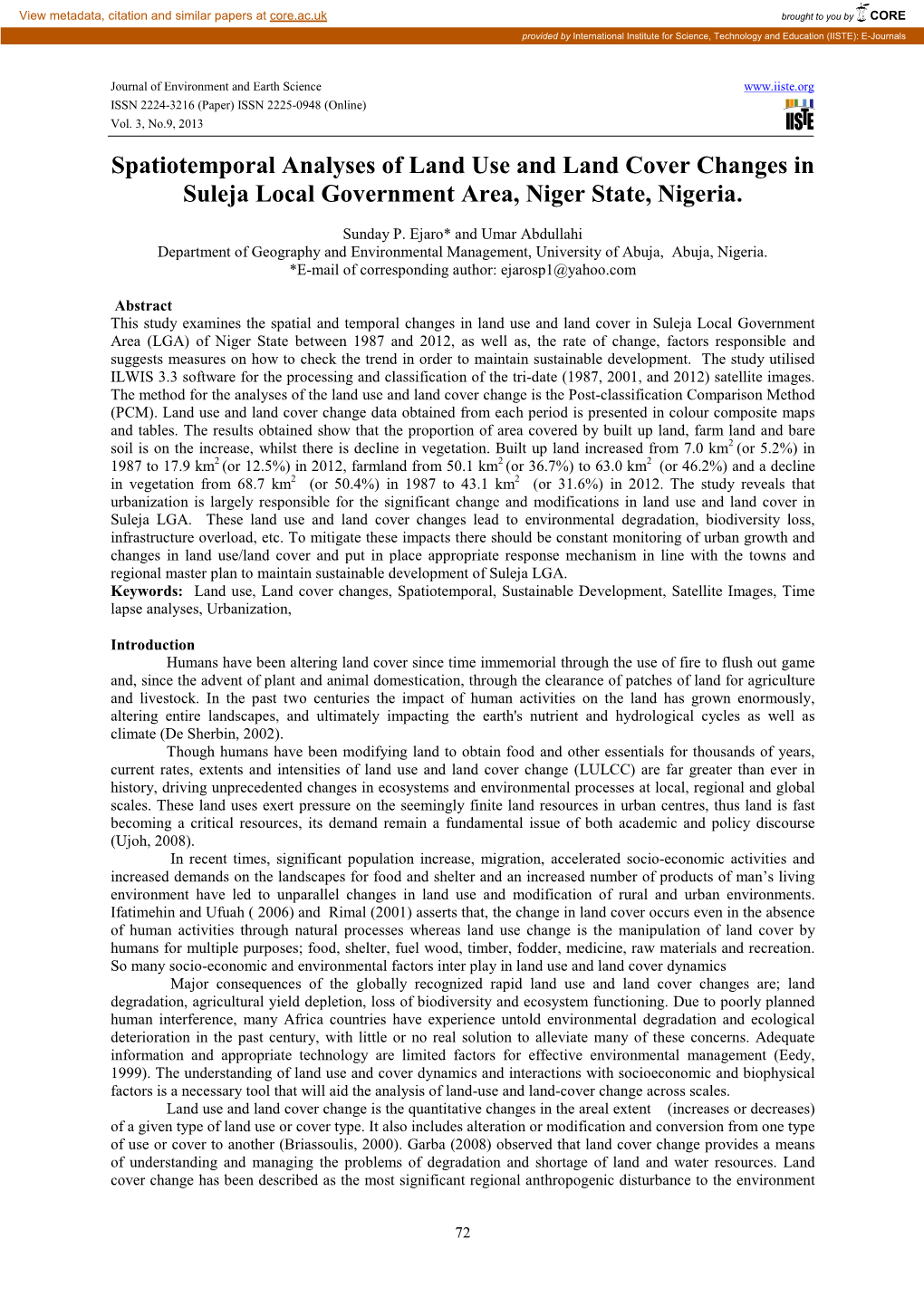 Spatiotemporal Analyses of Land Use and Land Cover Changes in Suleja Local Government Area, Niger State, Nigeria