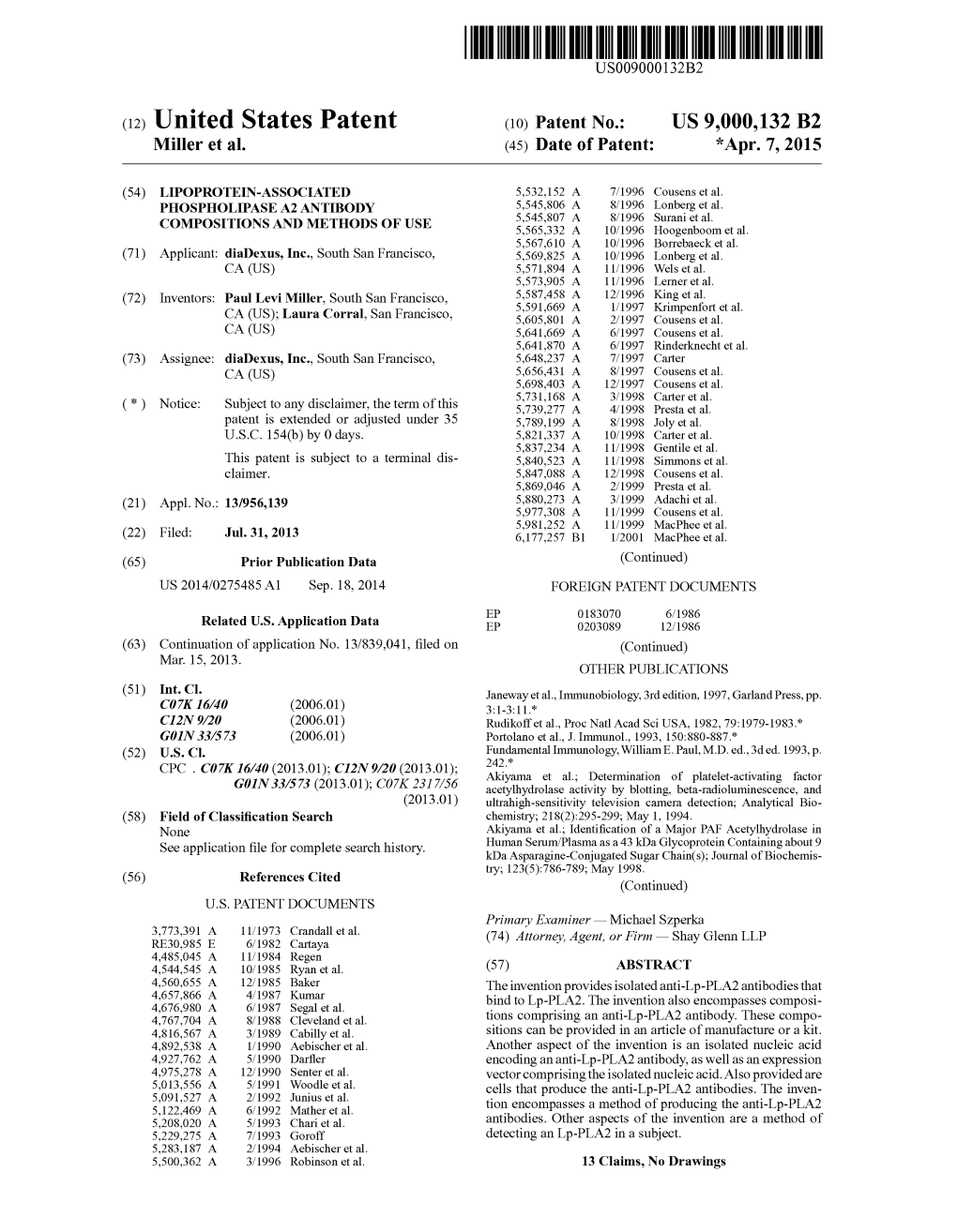 (12) United States Patent (10) Patent No.: US 9,000,132 B2 Miller Et Al