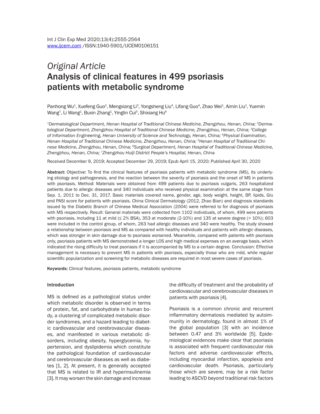 Original Article Analysis of Clinical Features in 499 Psoriasis Patients with Metabolic Syndrome