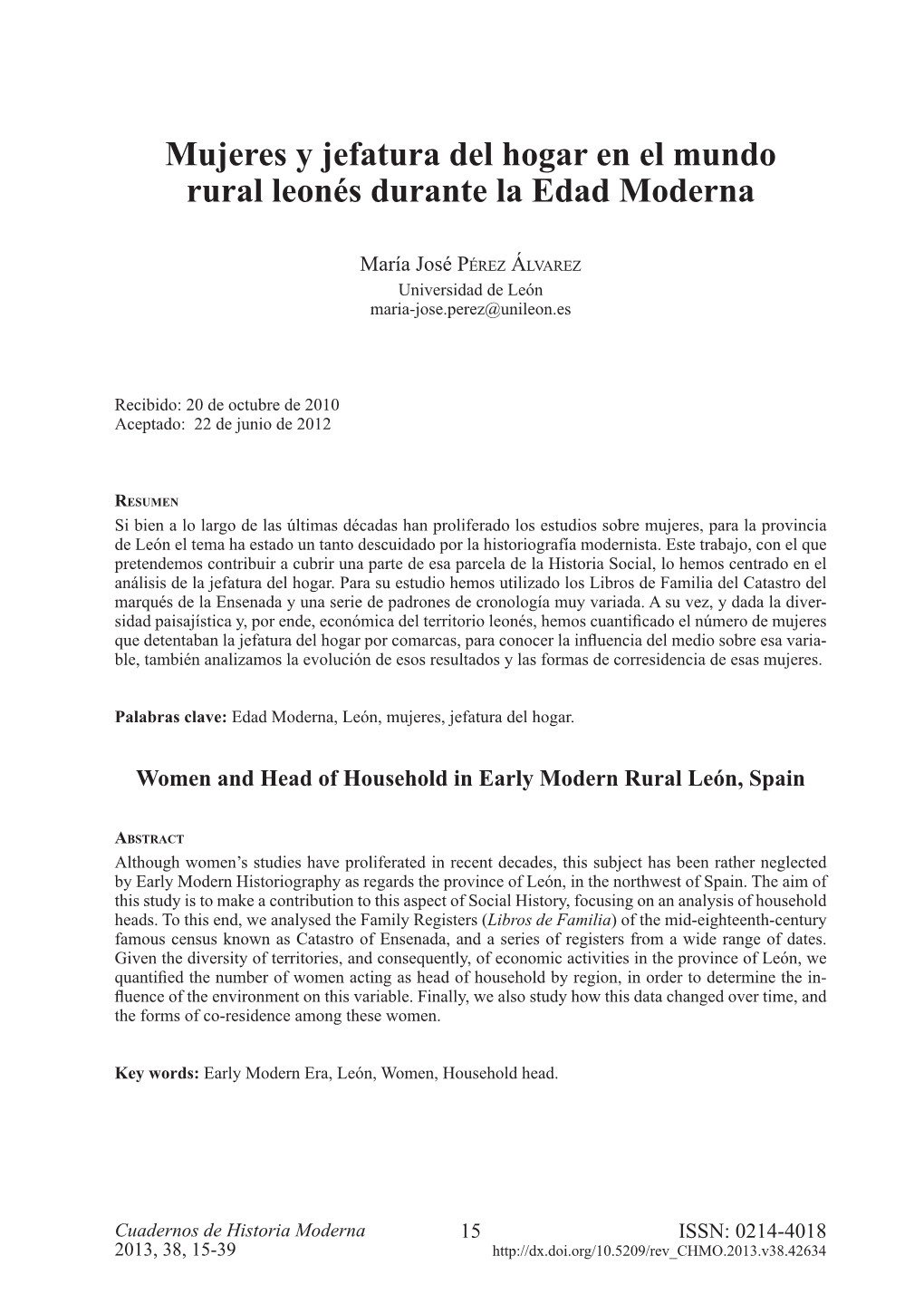 Mujeres Y Jefatura Del Hogar En El Mundo Rural Leonés Durante La Edad Moderna