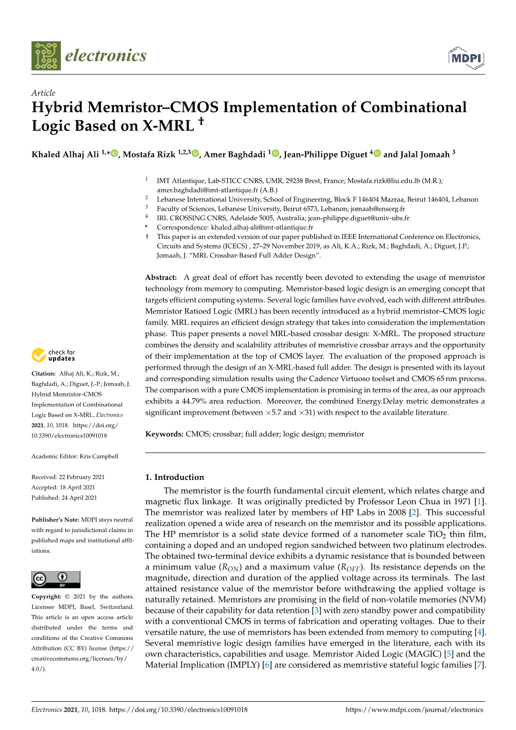 Hybrid Memristor–CMOS Implementation of Combinational Logic Based on X-MRL †