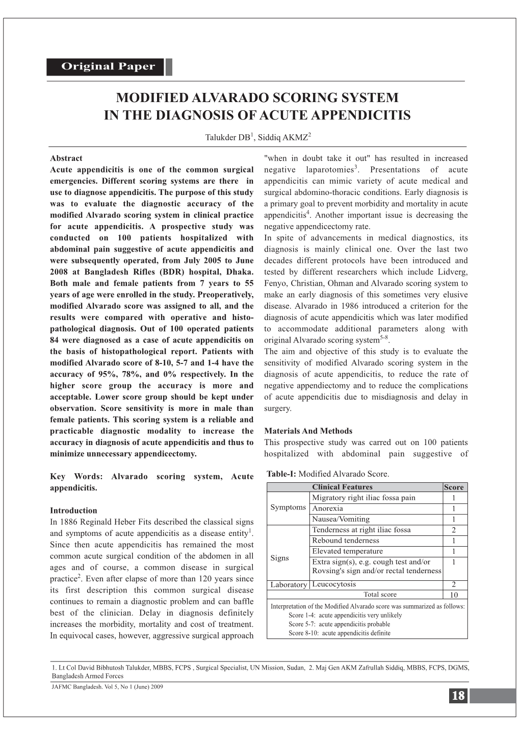 Modified Alvarado Scoring System in the Diagnosis of Acute Appendicitis