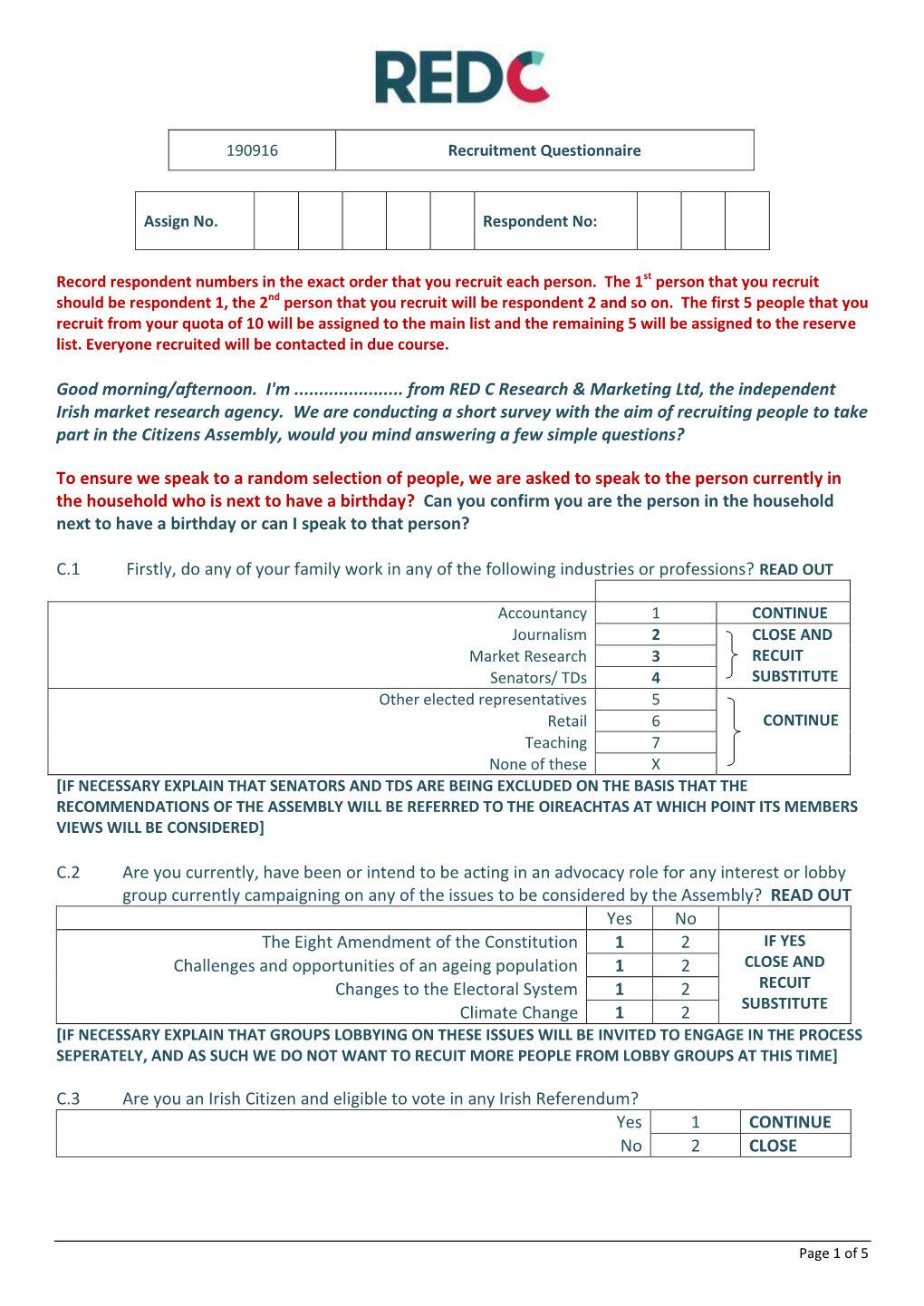 RED C Recruitment Questionnaire