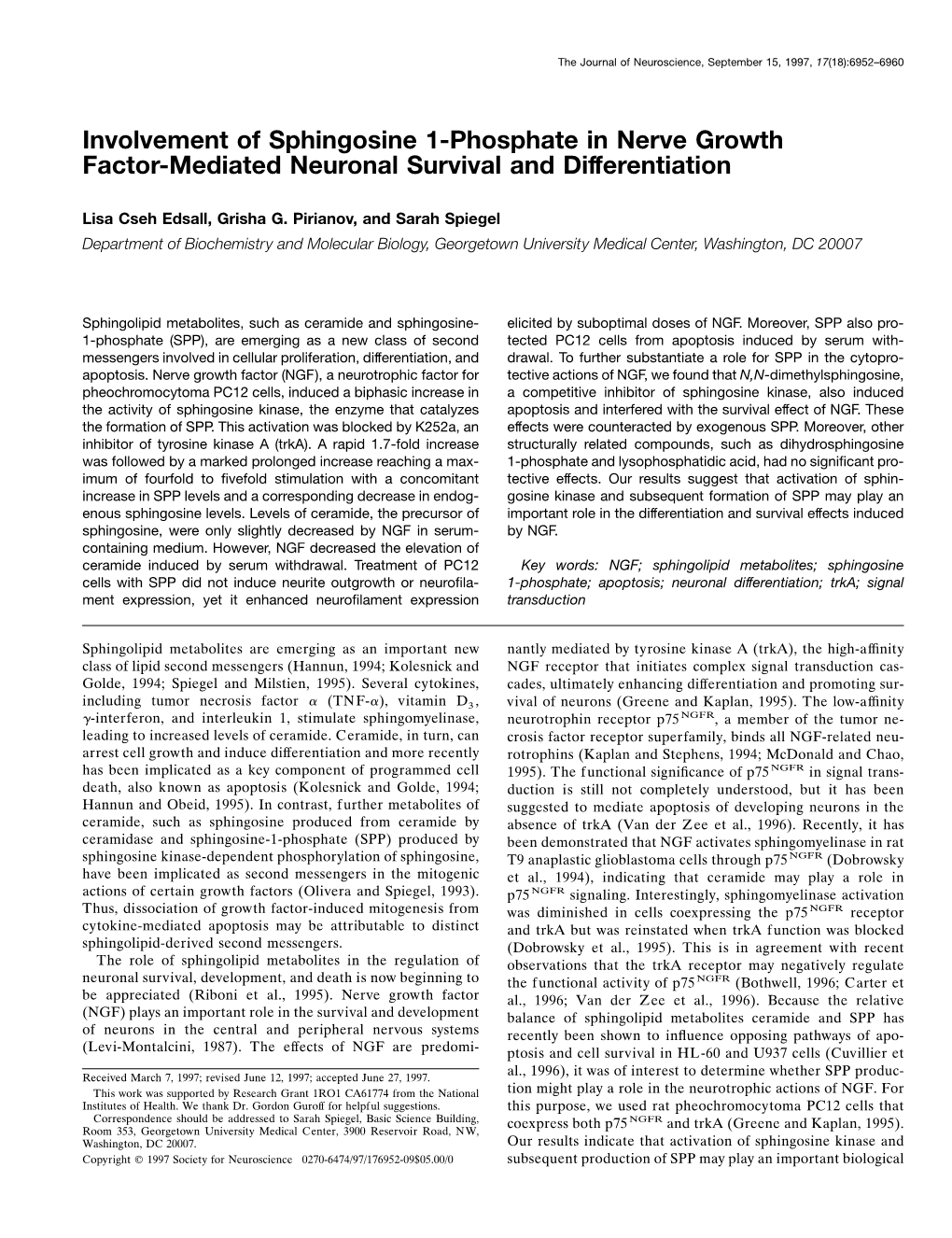 Involvement of Sphingosine 1-Phosphate in Nerve Growth Factor-Mediated Neuronal Survival and Differentiation