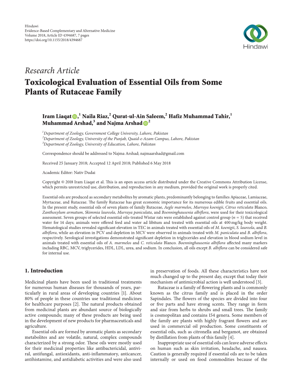 Research Article Toxicological Evaluation of Essential Oils from Some Plants of Rutaceae Family