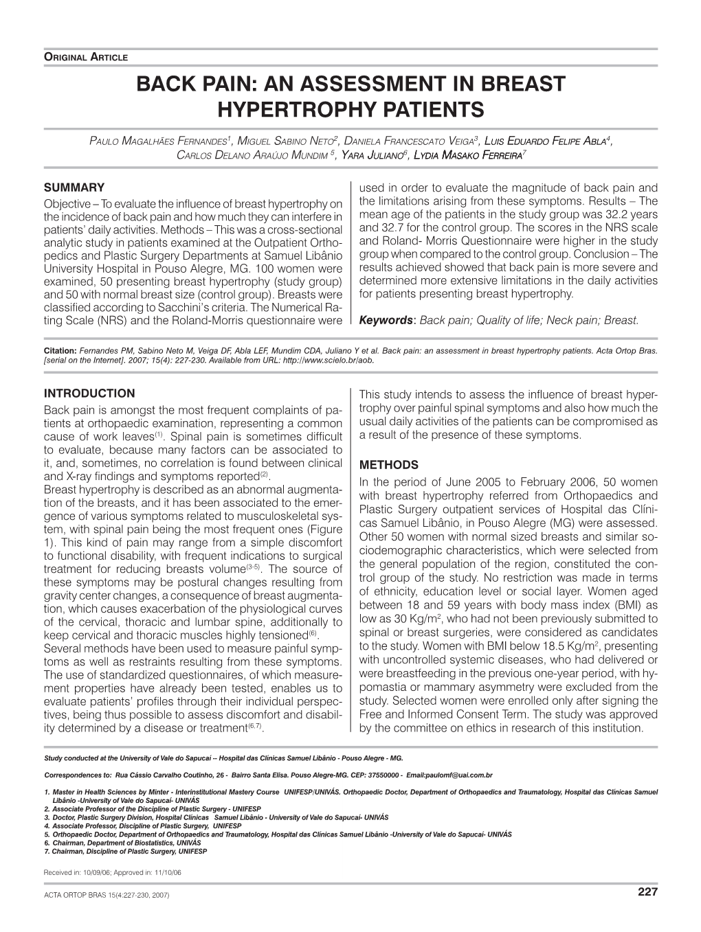 Back Pain: an Assessment in Breast Hypertrophy Patients