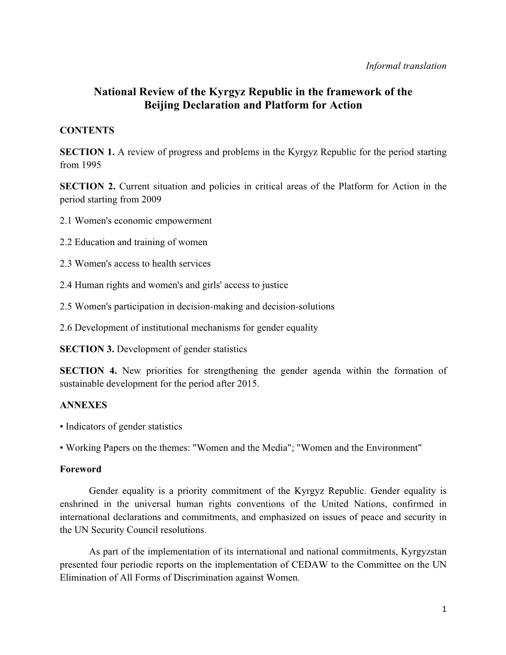 National Review of the Kyrgyz Republic in the Framework of the Beijing Declaration and Platform for Action