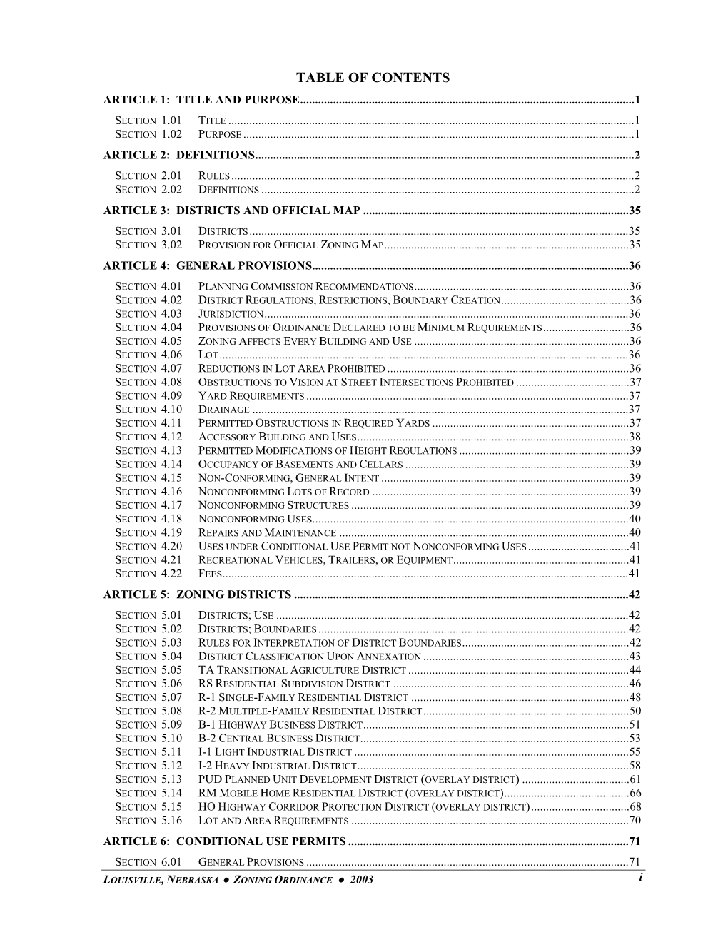 Table of Contents Article 1: Title and Purpose