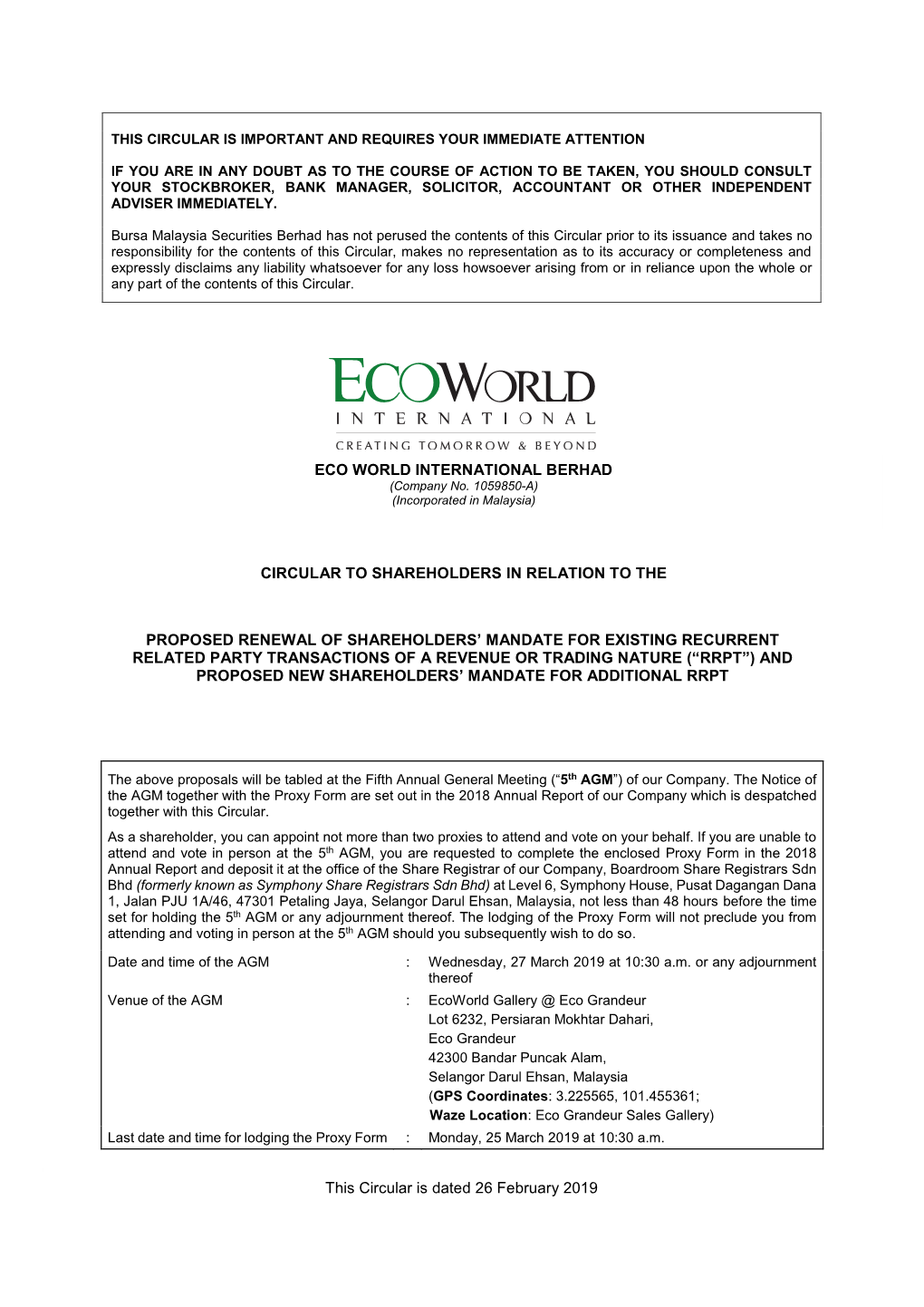Eco World International Berhad Circular To