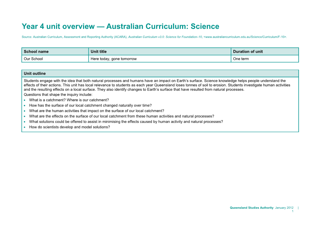 Year 4 Unit Overview — Australian Curriculum: Science