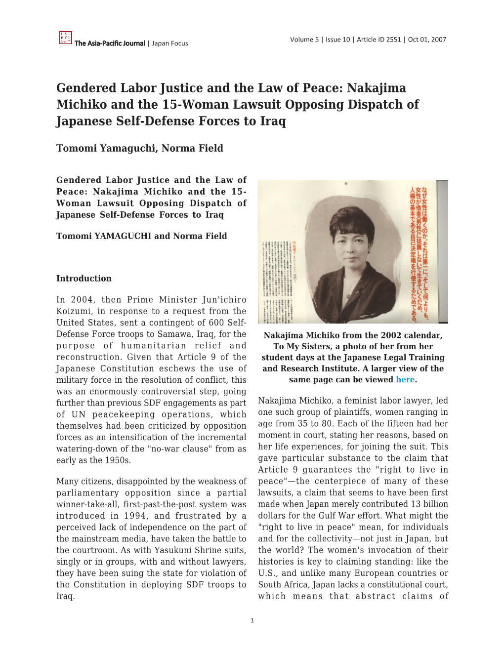 Nakajima Michiko and the 15-Woman Lawsuit Opposing Dispatch of Japanese Self-Defense Forces to Iraq