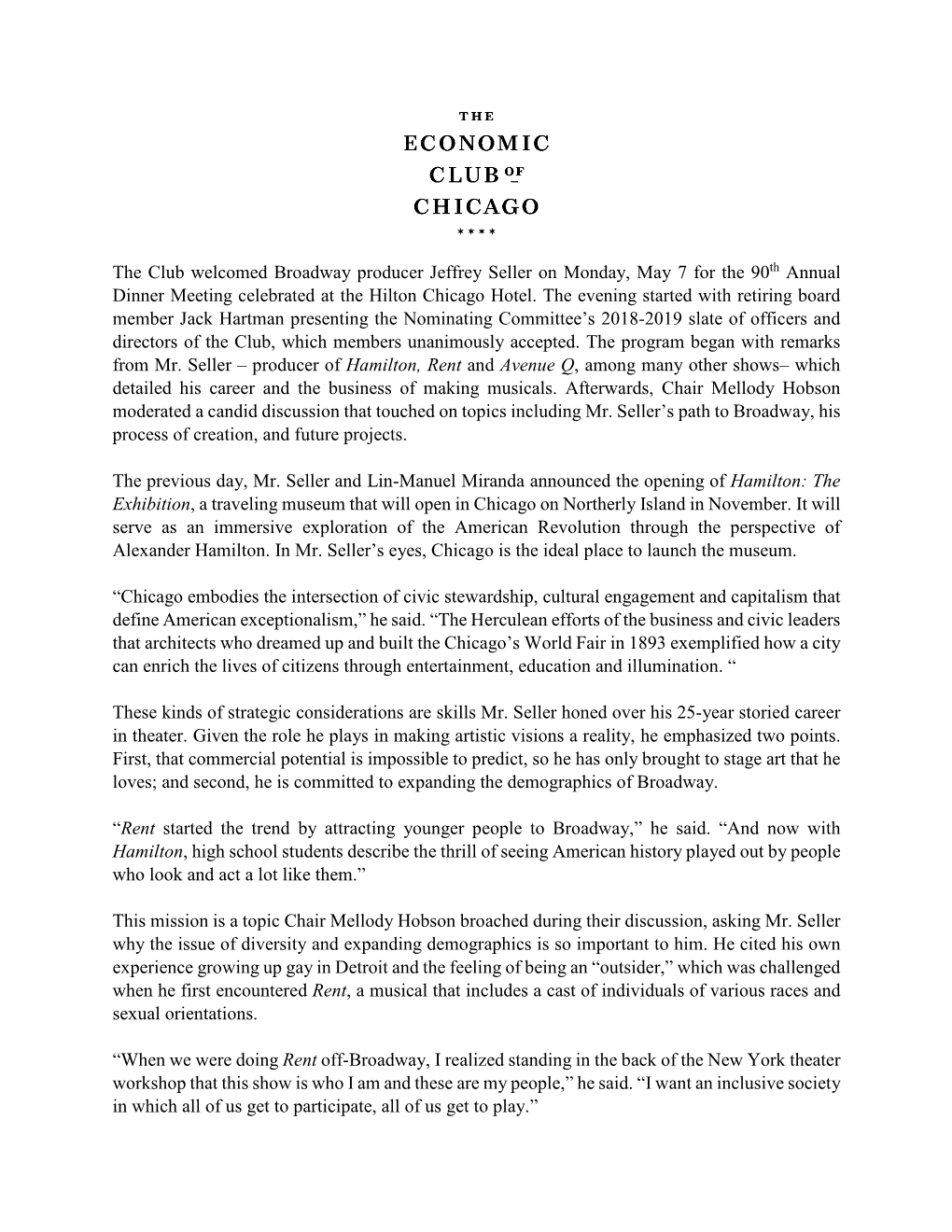 The Club Welcomed Broadway Producer Jeffrey Seller on Monday, May 7 for the 90Th Annual Dinner Meeting Celebrated at the Hilton Chicago Hotel