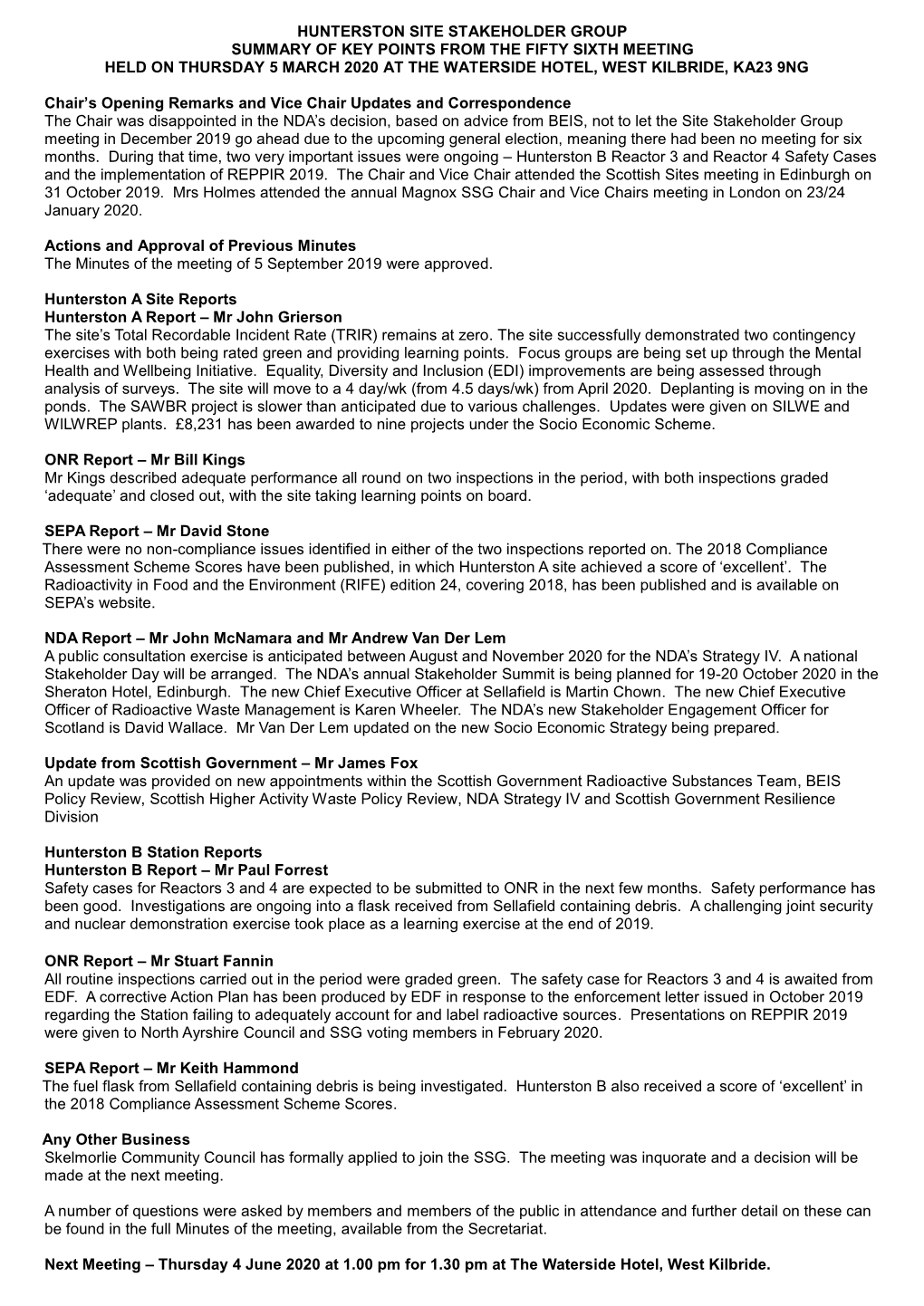 Hunterston Site Stakeholder Group Summary of Key Points from the Fifty Sixth Meeting Held on Thursday 5 March 2020 at the Waterside Hotel, West Kilbride, Ka23 9Ng