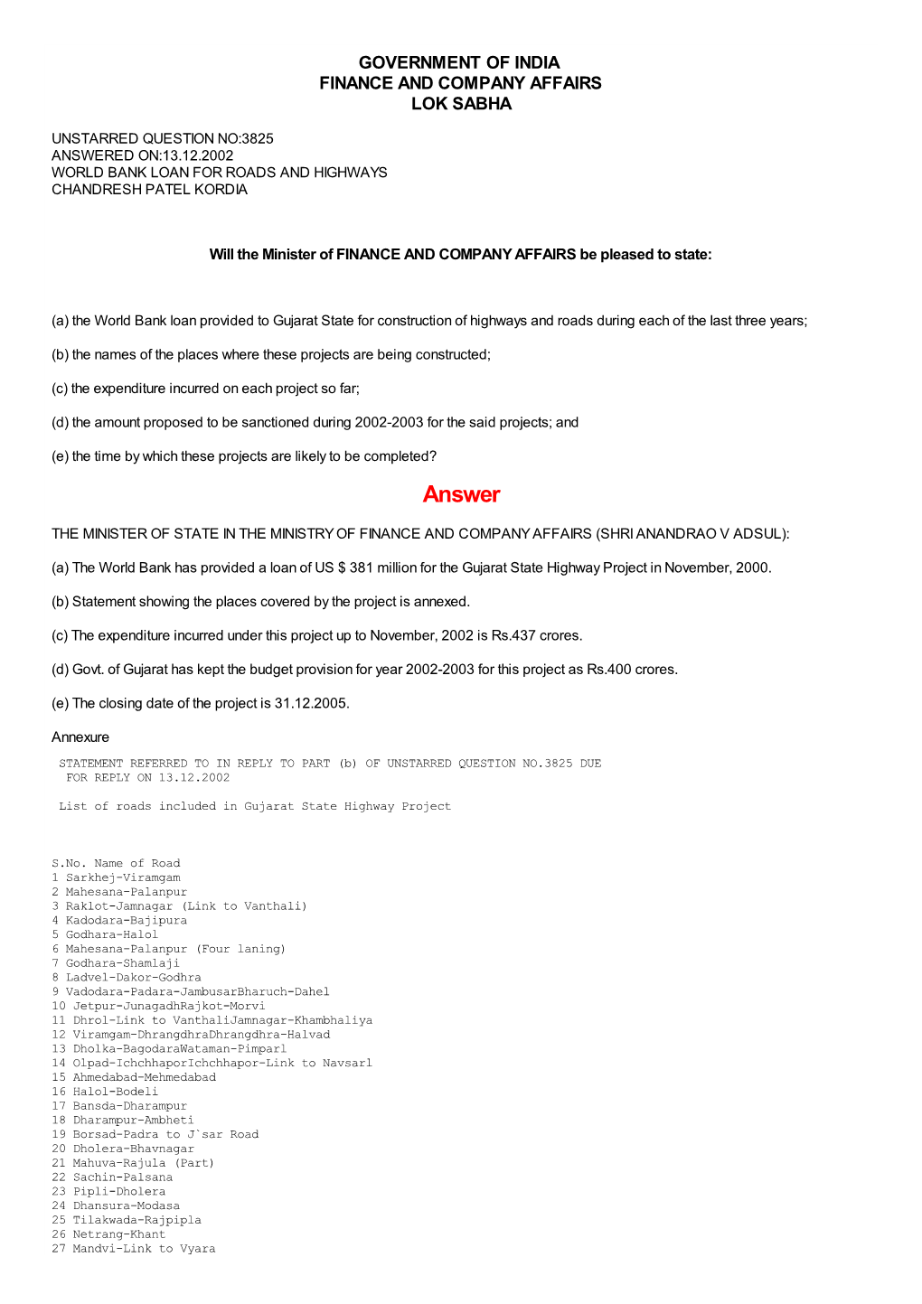 Answered On:13.12.2002 World Bank Loan for Roads and Highways Chandresh Patel Kordia