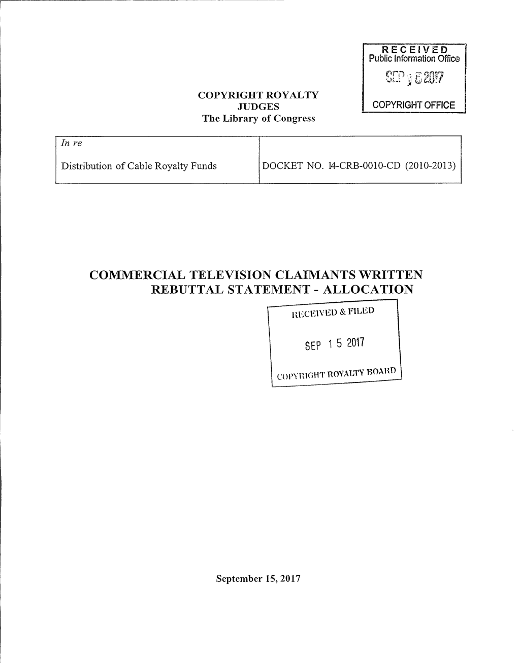 Commercial Television Claimants Written Rebuttal Statement — Allocation