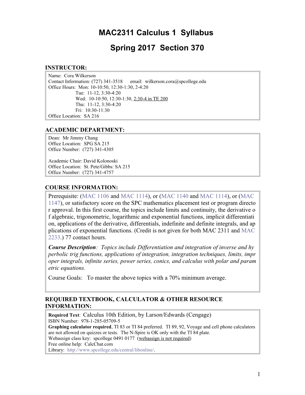 MAC2311 Calculus 1 Syllabus